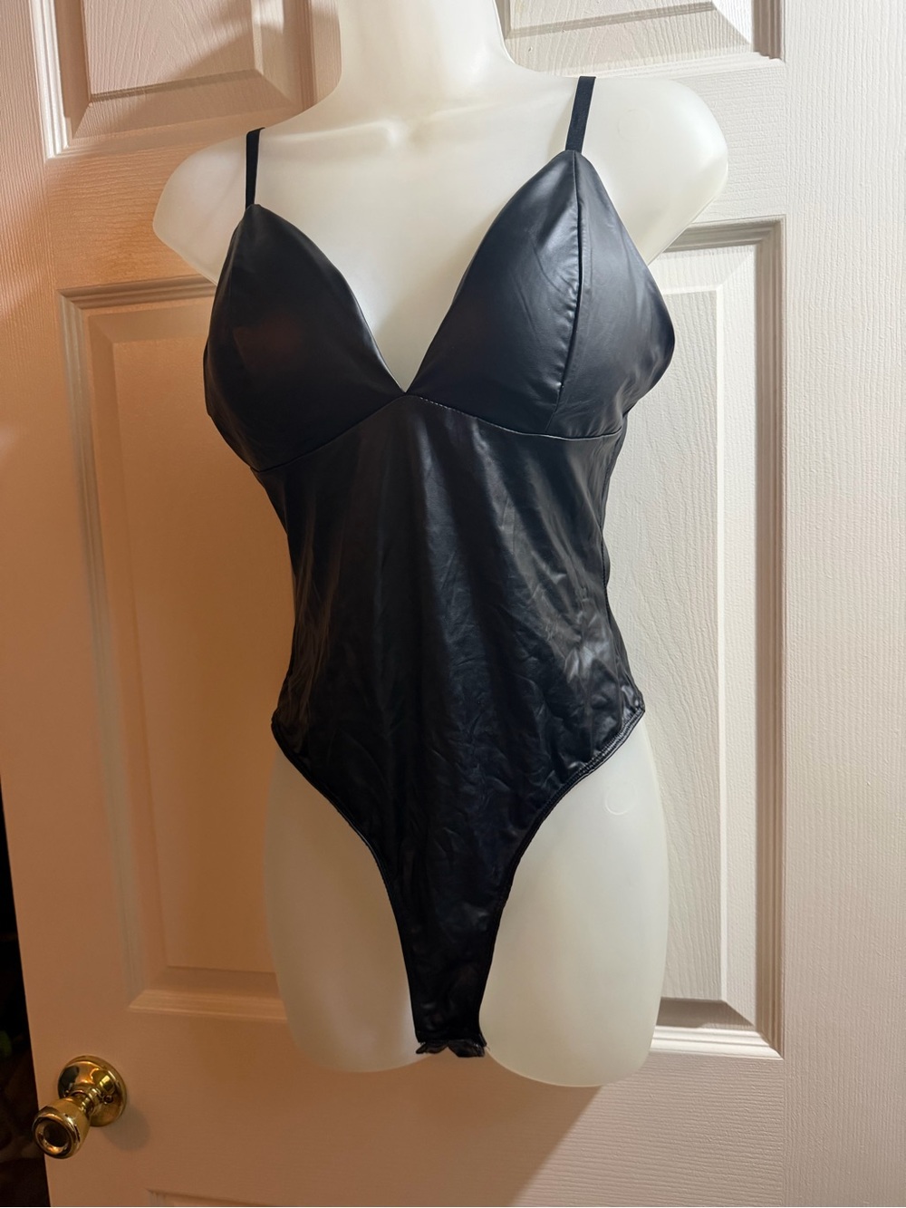 Bozzolo Black Faux Leather V-Neck Bodysuit with Thin Straps